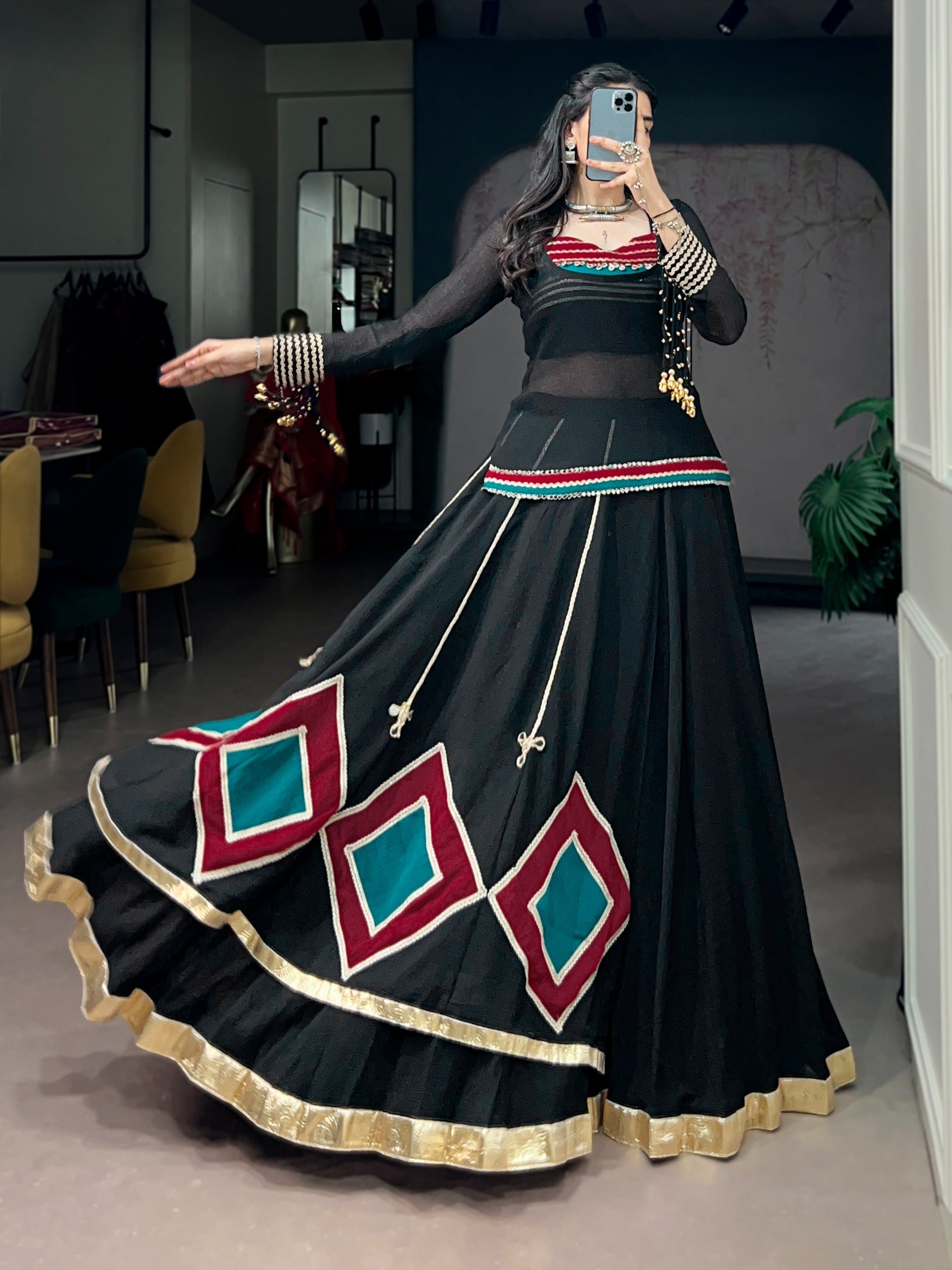 Black Lehenga with Sheer Tunic & Cowrie Detailing