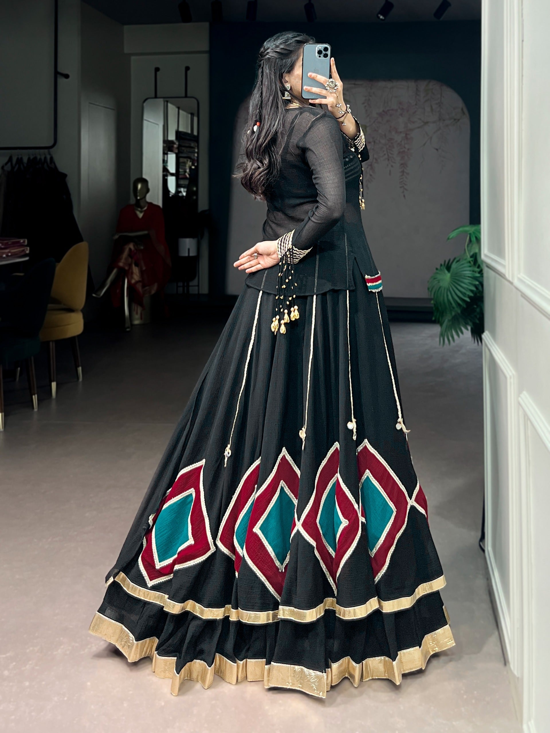 Black Lehenga with Sheer Tunic & Cowrie Detailing