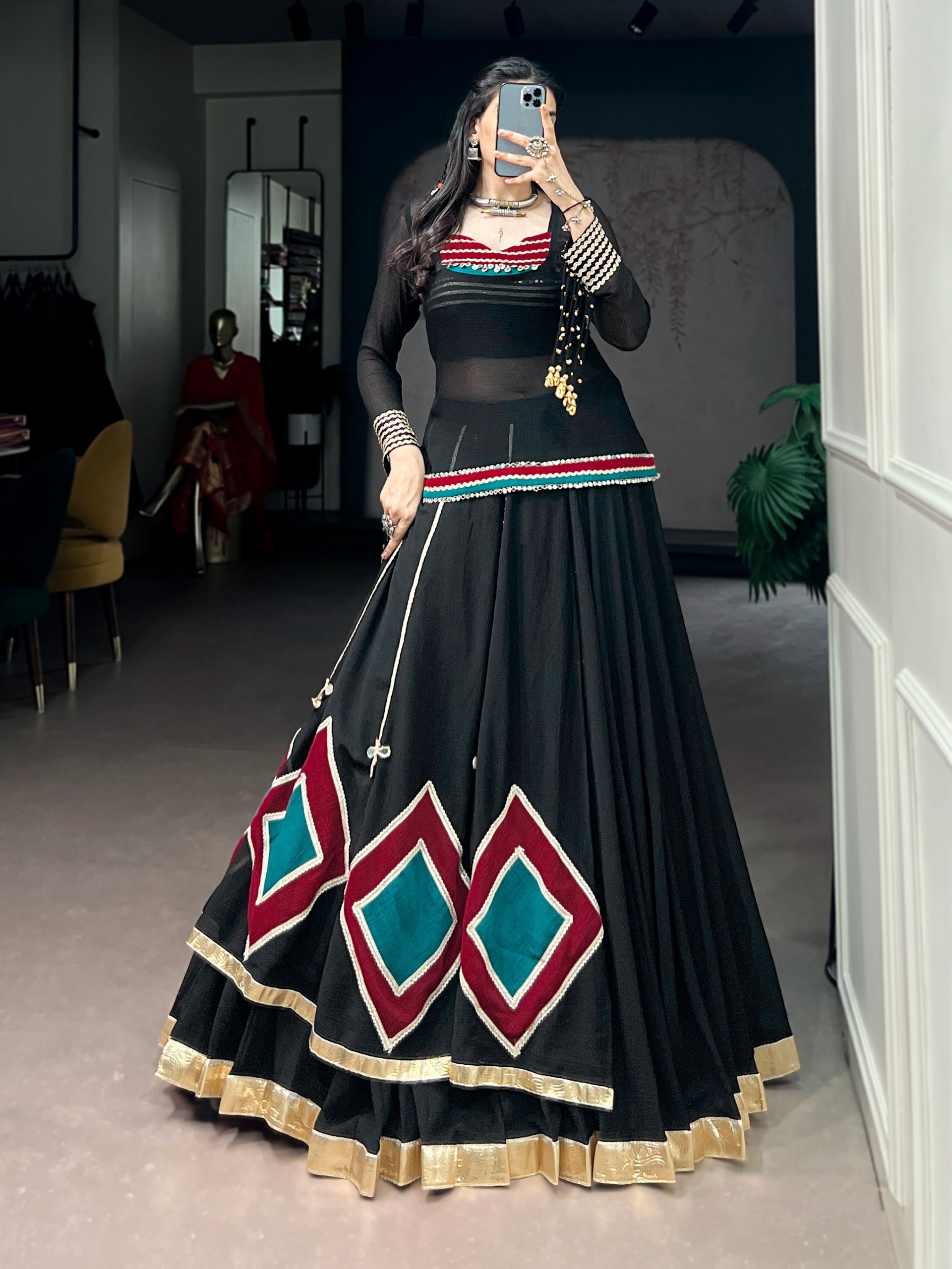 Black Lehenga with Sheer Tunic & Cowrie Detailing