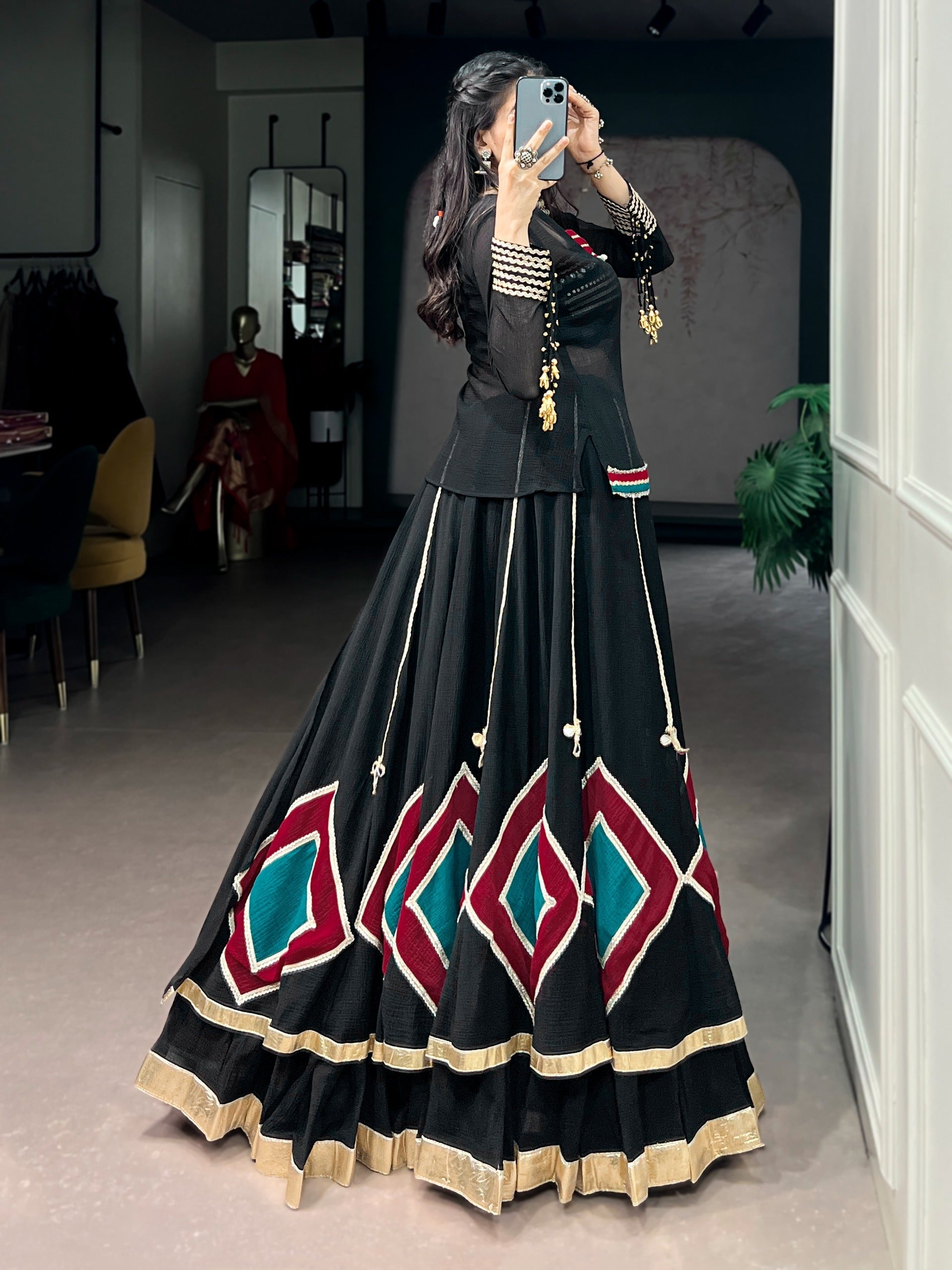 Black Lehenga with Sheer Tunic & Cowrie Detailing