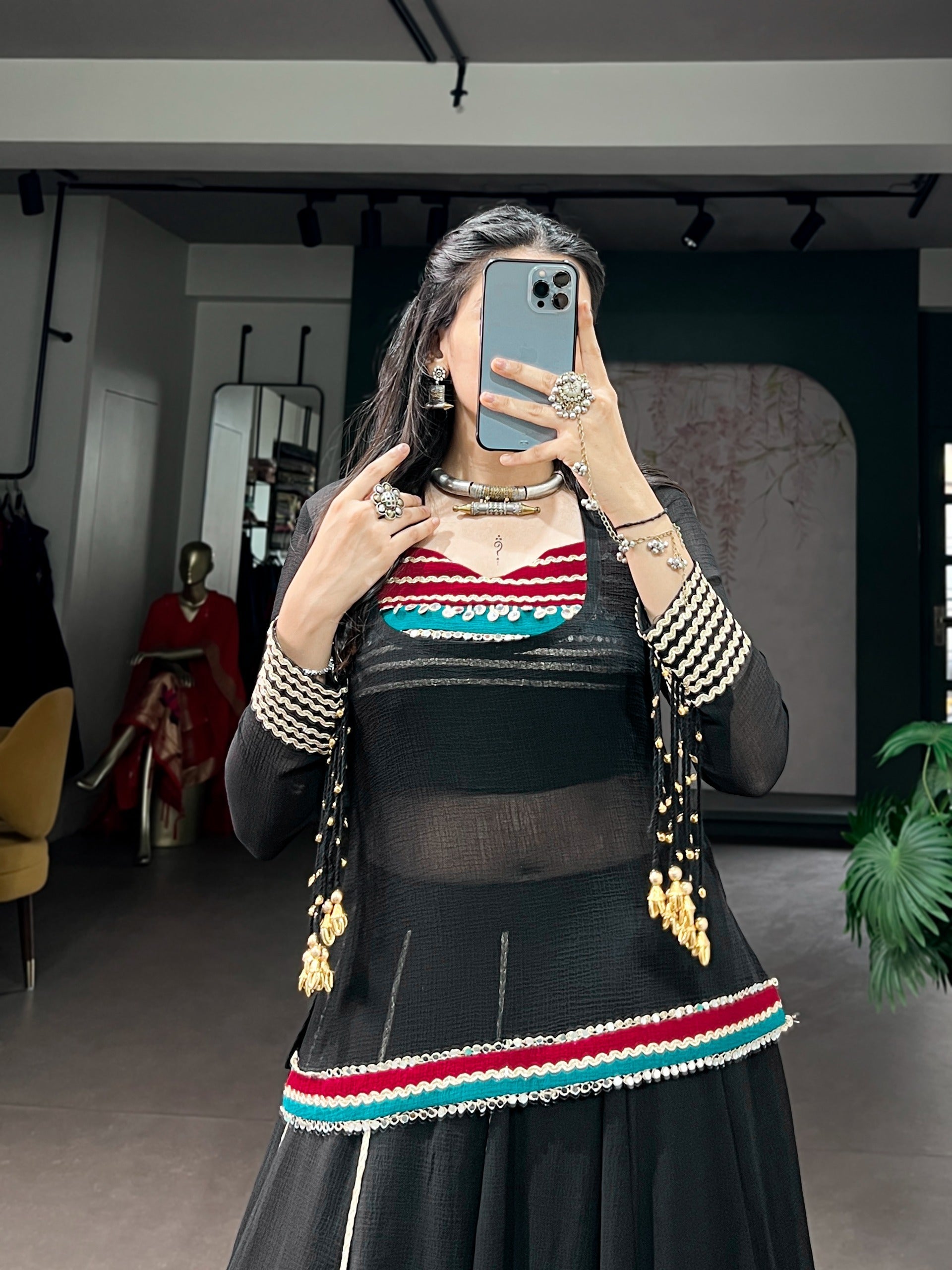 Black Lehenga with Sheer Tunic & Cowrie Detailing