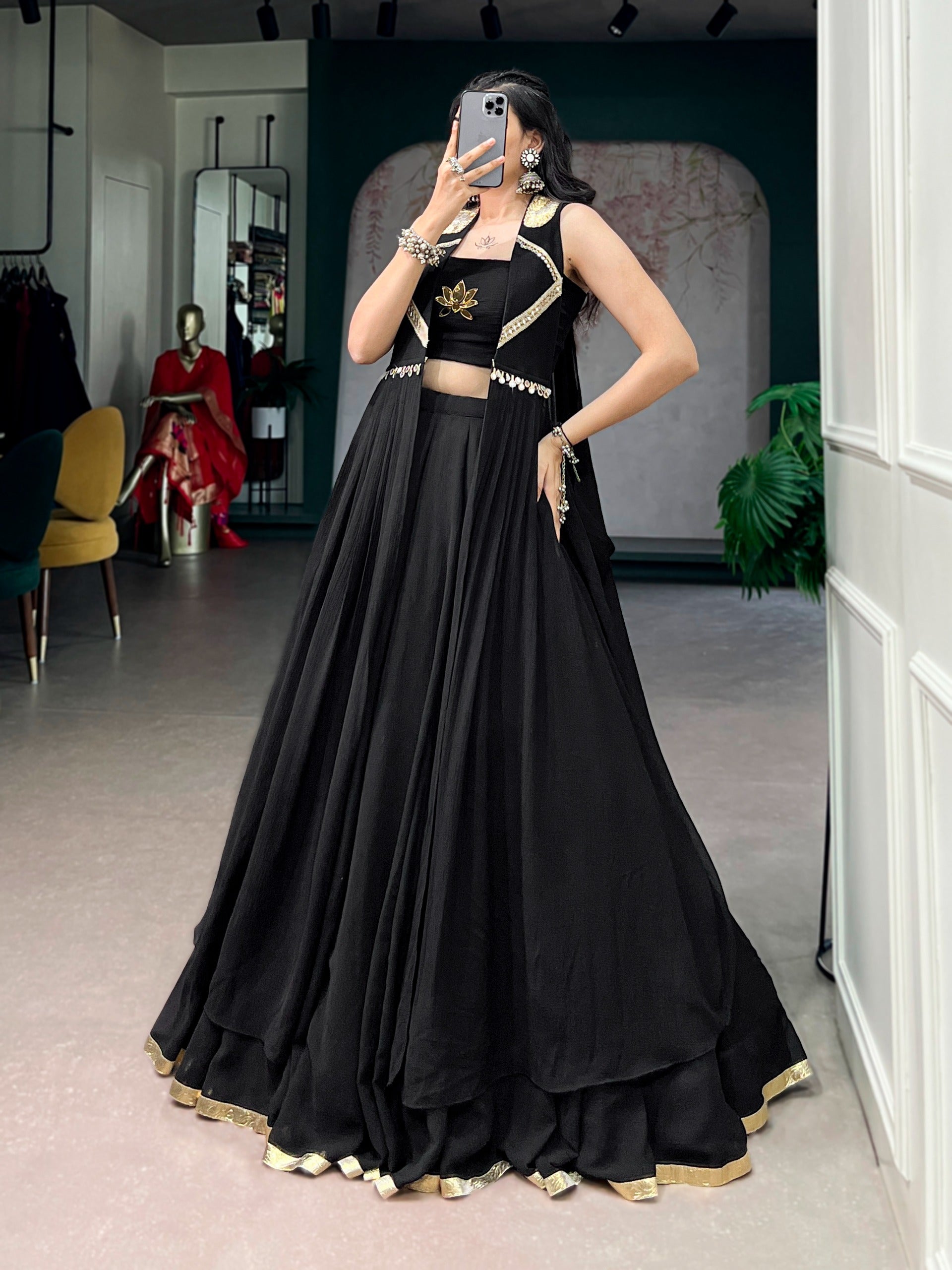 Black Lotus Handwork Lehenga Set with Long Jacket