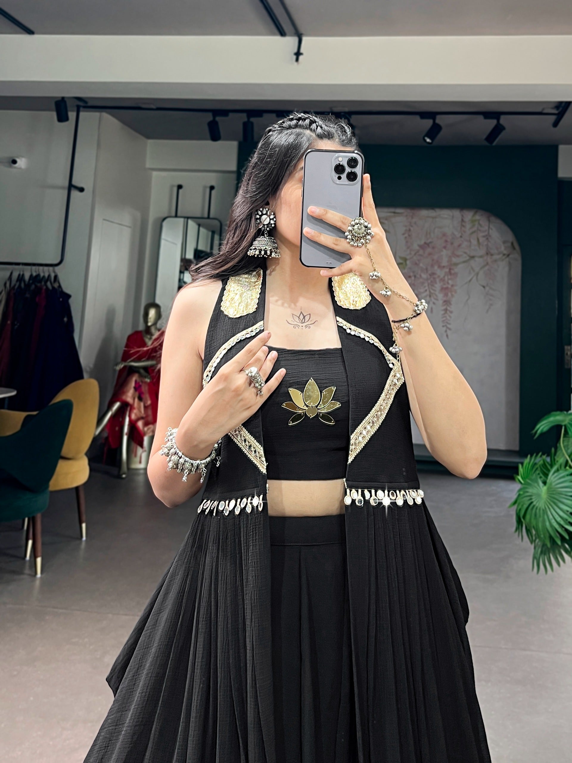 Black Lotus Handwork Lehenga Set with Long Jacket