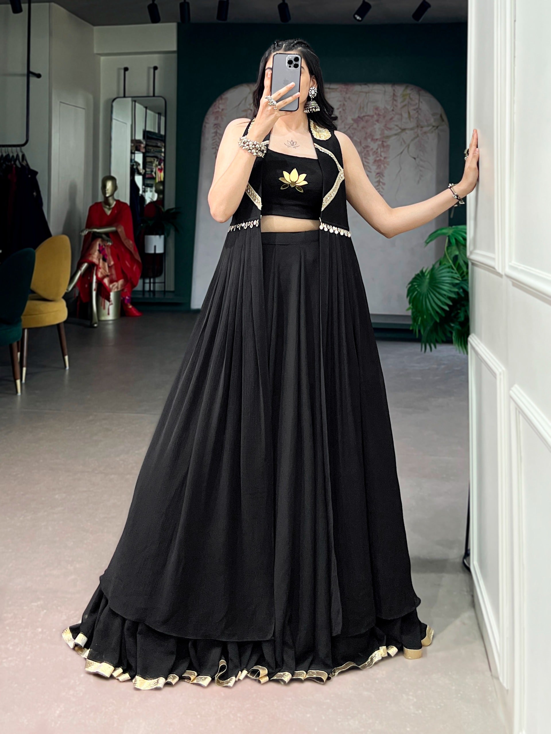 Black Lotus Handwork Lehenga Set with Long Jacket