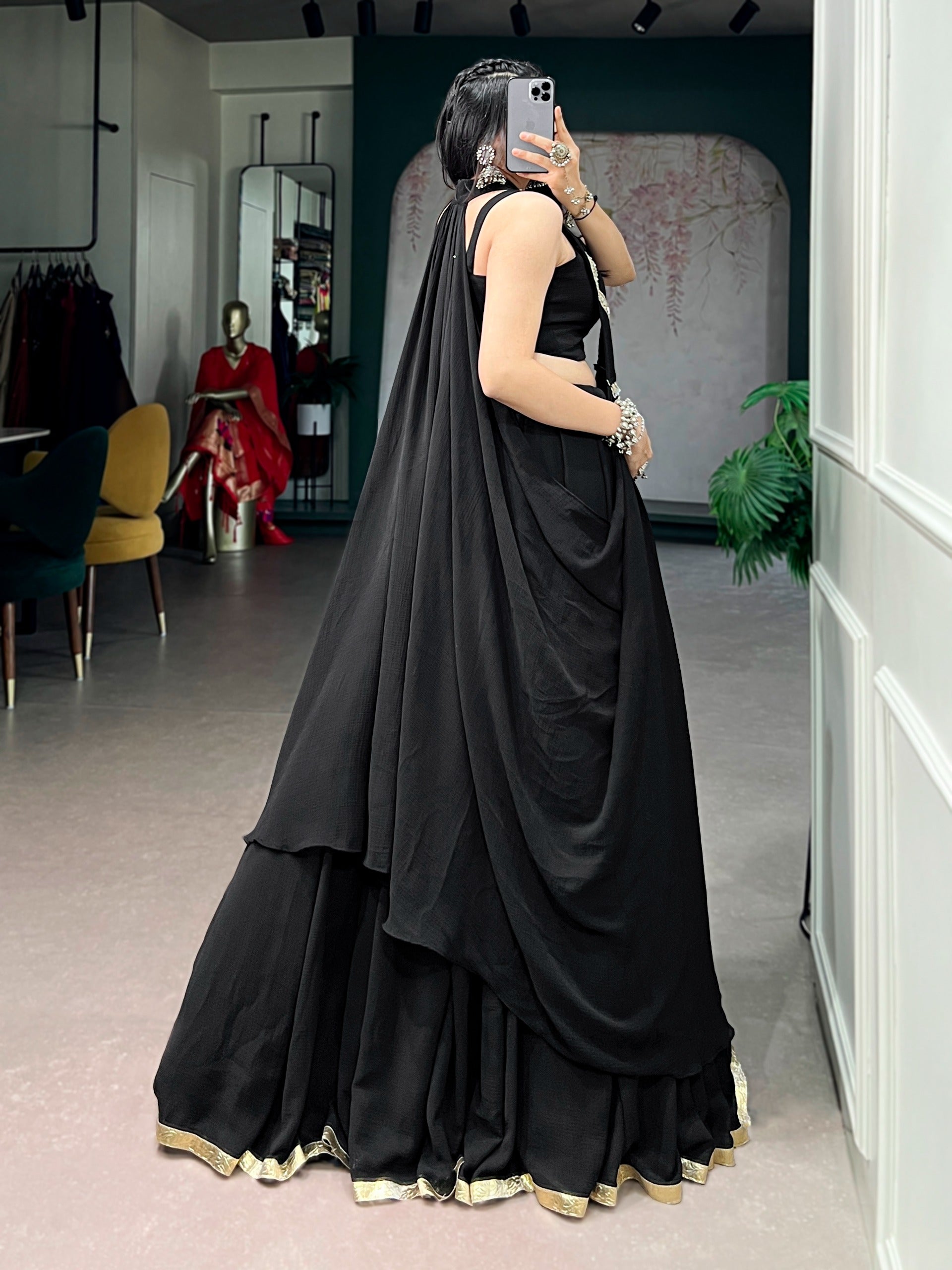 Black Lotus Handwork Lehenga Set with Long Jacket