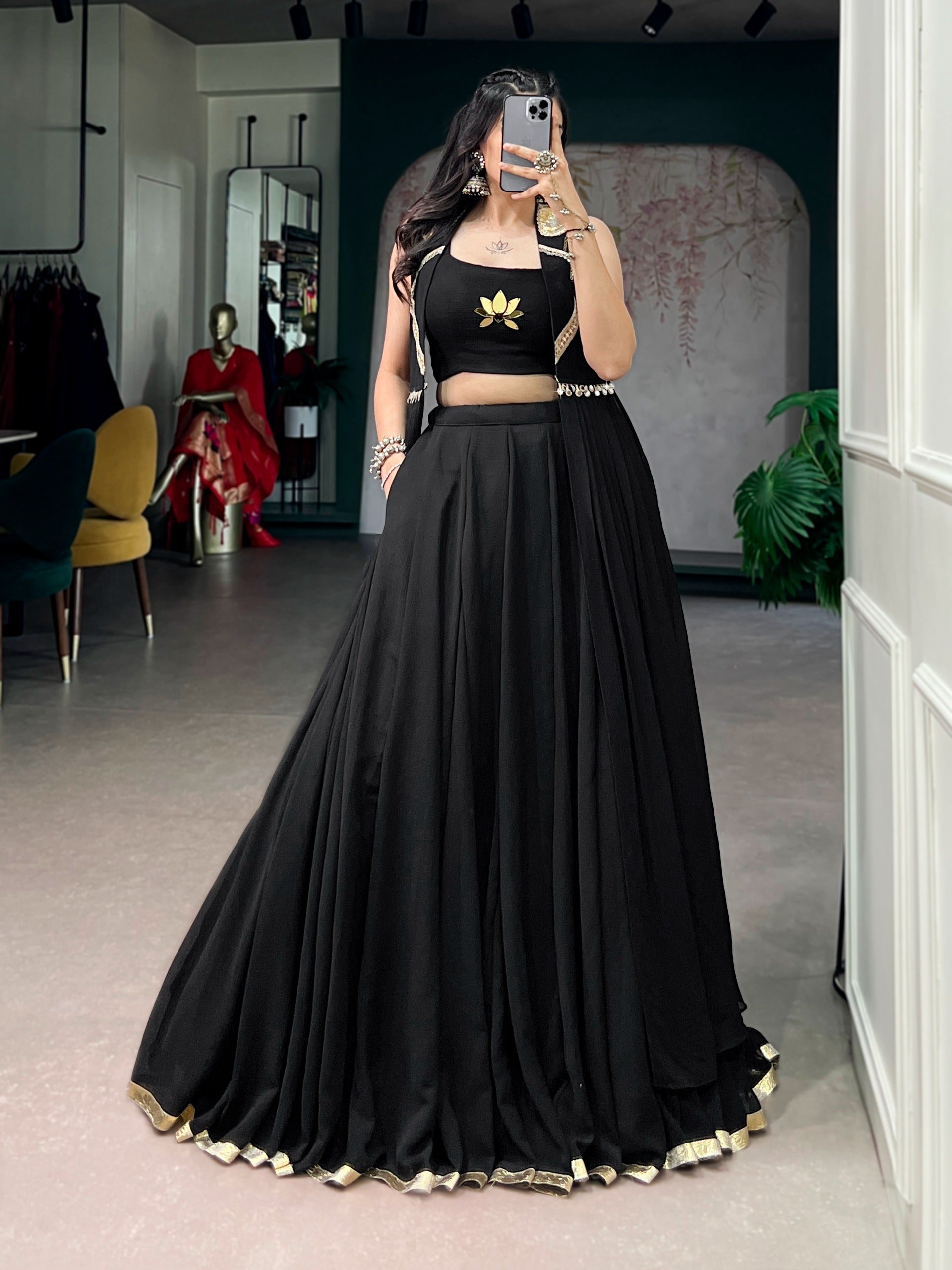 Black Lotus Handwork Lehenga Set with Long Jacket