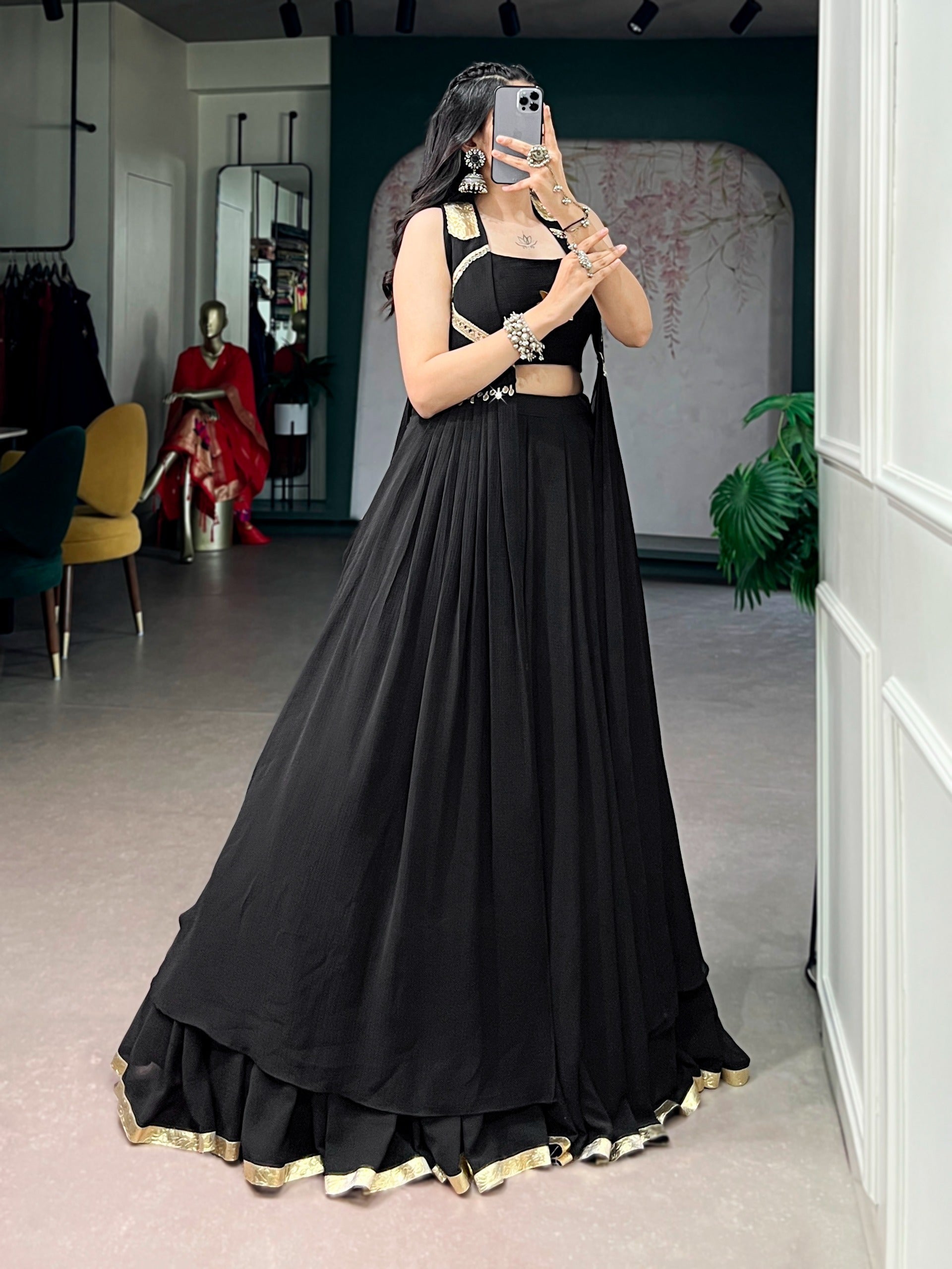 Black Lotus Handwork Lehenga Set with Long Jacket