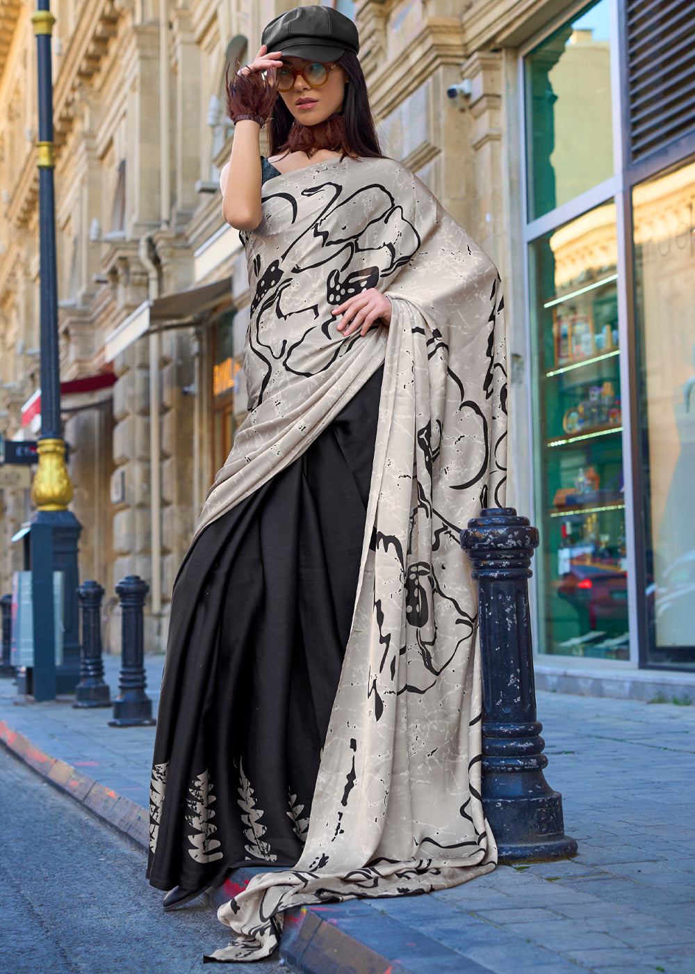 Black Luxurious Satin Crepe Saree – Elegance with a Graceful Drape