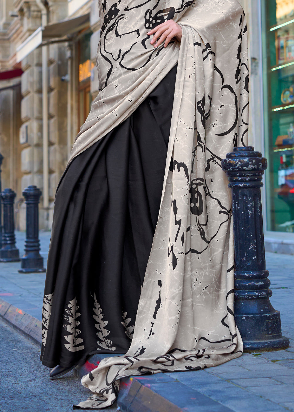 Black Luxurious Satin Crepe Saree – Elegance with a Graceful Drape