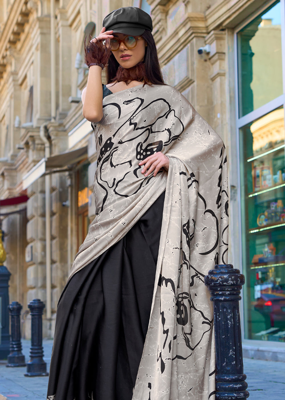 Black Luxurious Satin Crepe Saree – Elegance with a Graceful Drape