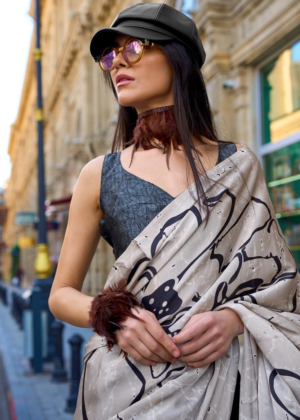 Black Luxurious Satin Crepe Saree – Elegance with a Graceful Drape