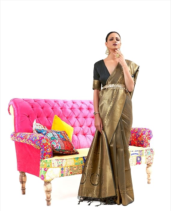 Black Luxurious Silk Jacquard Saree with Blouse Piece – Perfect for Festivals