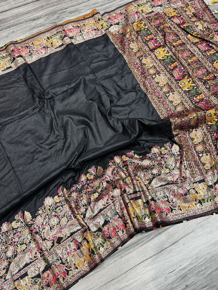 Black Luxurious Soft Rajwadi Silk Saree with Kashmiri Thread Woven Pallu & Zari Border