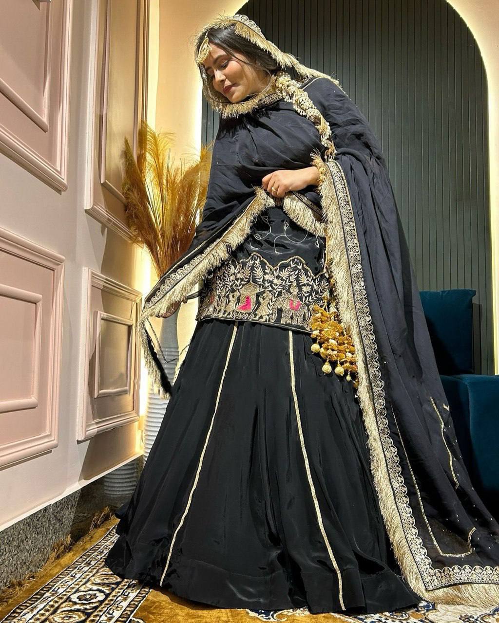 Black Natural Crepe Silk Lehenga Set with Bead & Sequin Detailing