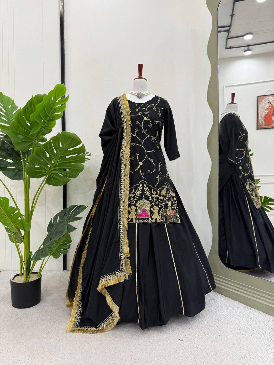 Black Natural Crepe Silk Lehenga Set with Bead & Sequin Detailing