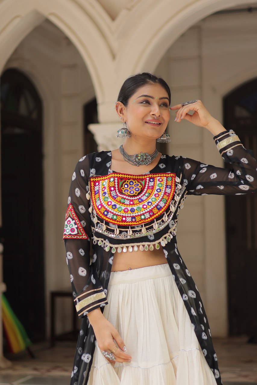 Black Navratri Special Bandhani Kurti with Kora Cotton Frill Lehenga Set – Full Stitched