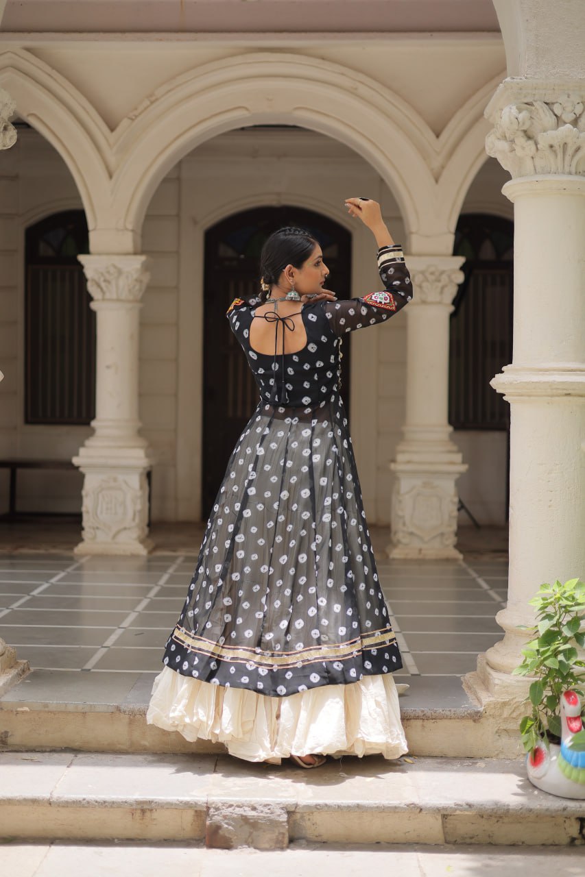 Black Navratri Special Bandhani Kurti with Kora Cotton Frill Lehenga Set – Full Stitched