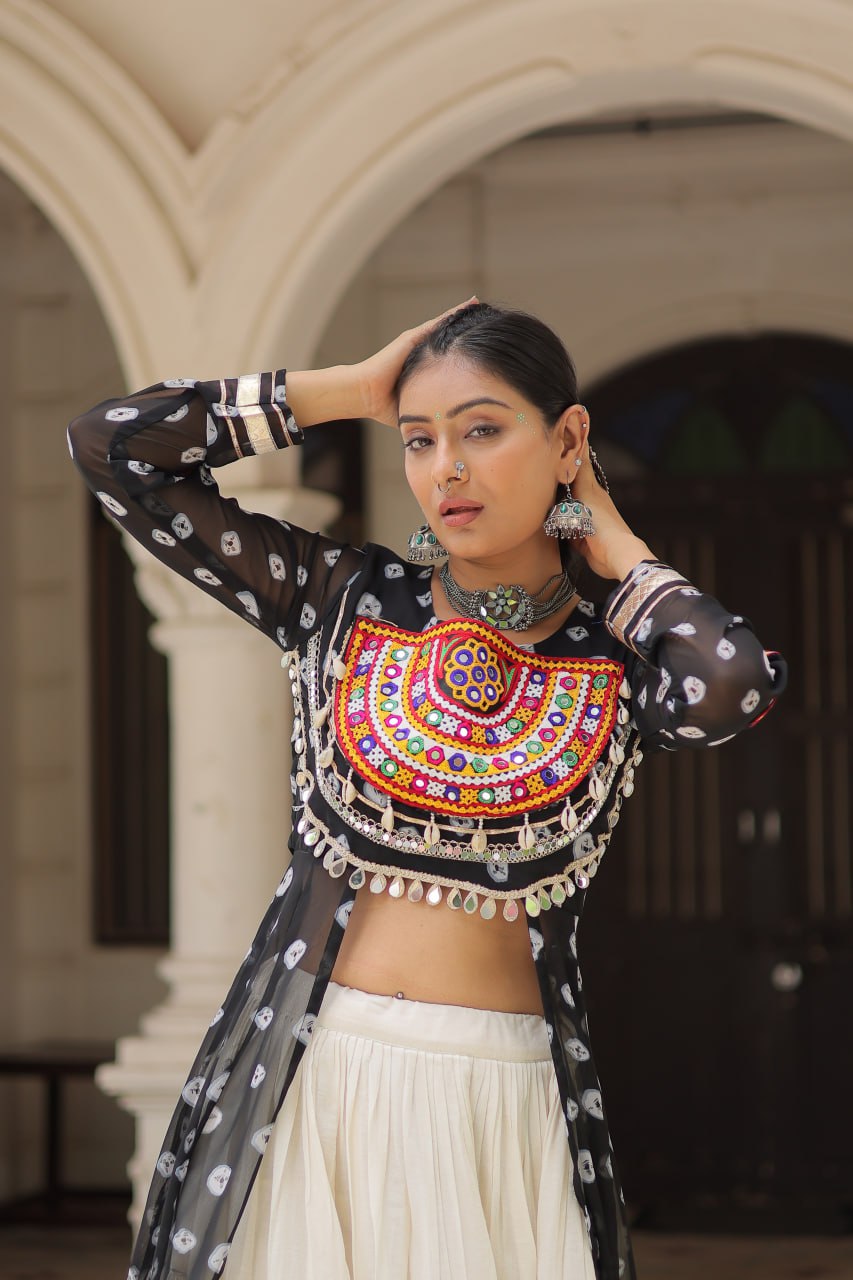 Black Navratri Special Bandhani Kurti with Kora Cotton Frill Lehenga Set – Full Stitched