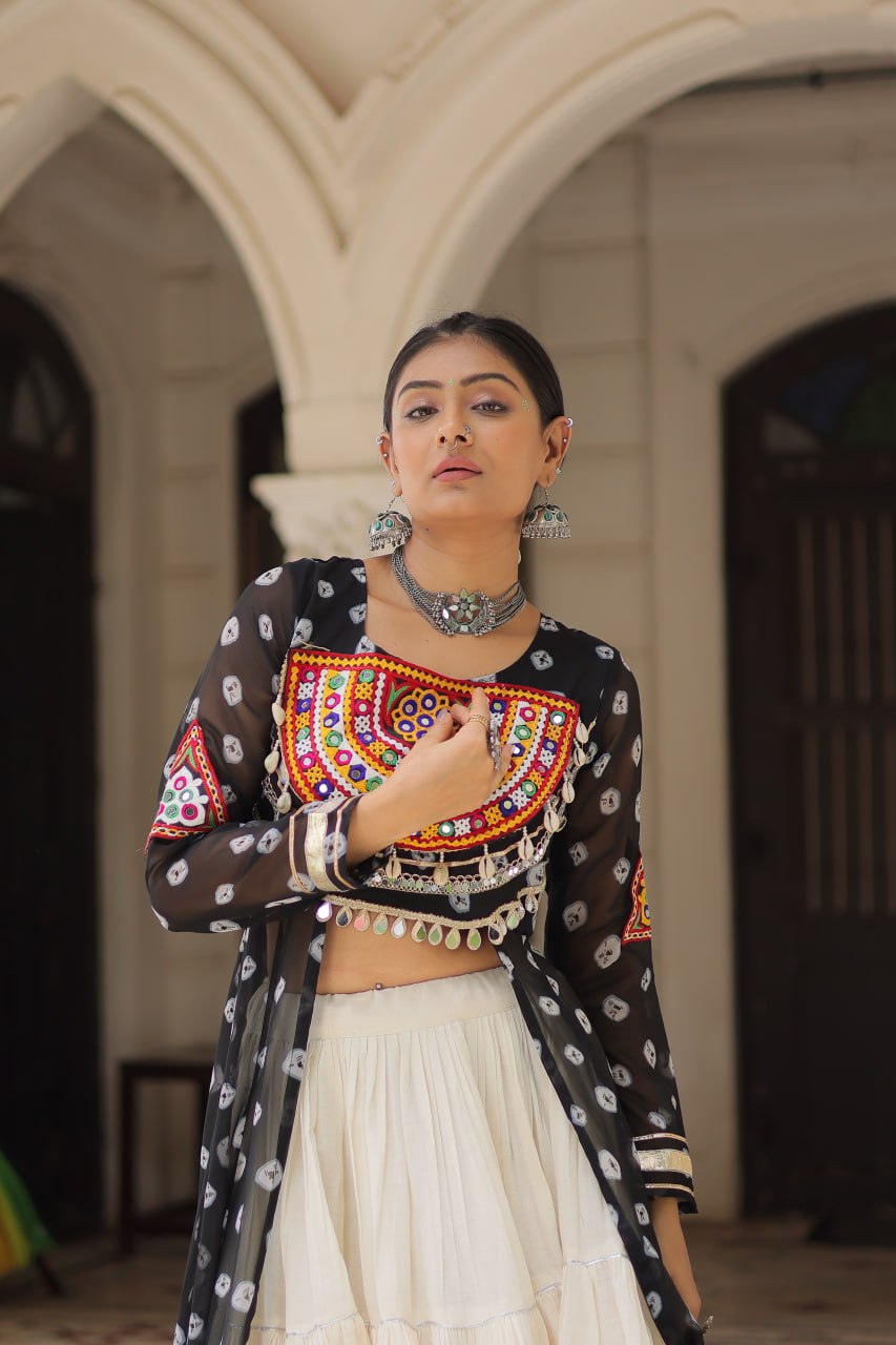 Black Navratri Special Bandhani Kurti with Kora Cotton Frill Lehenga Set – Full Stitched