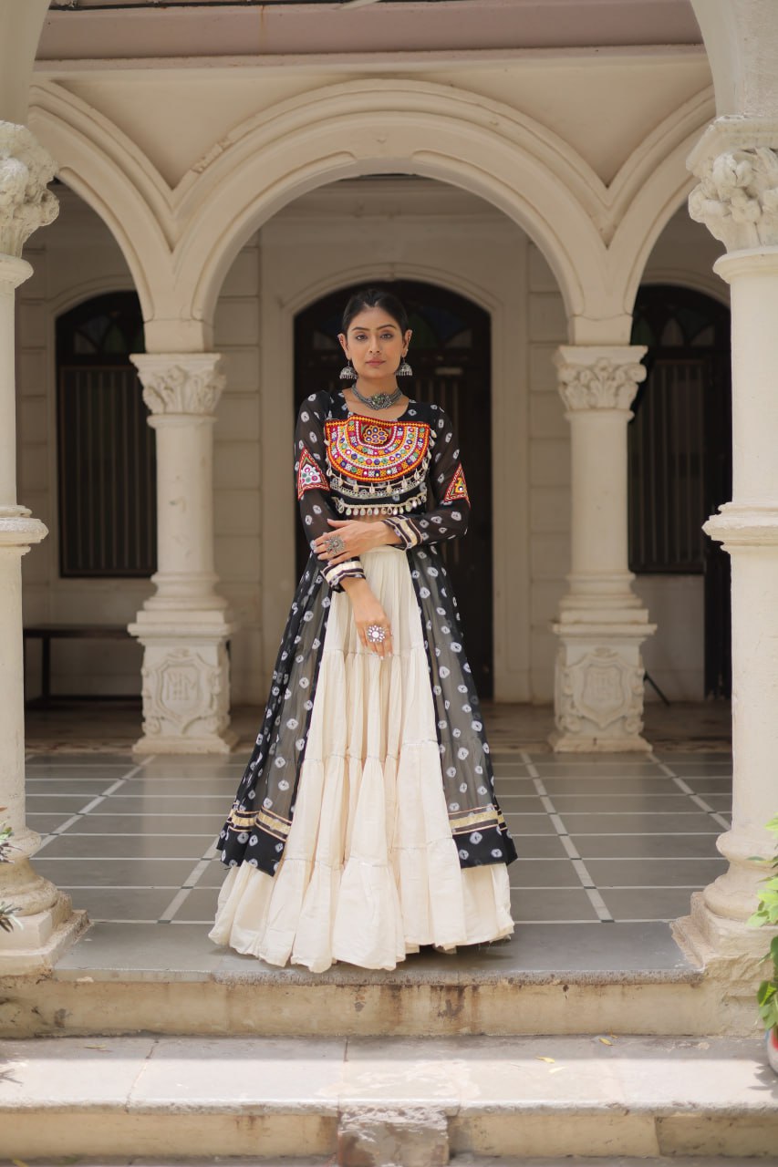 Black Navratri Special Bandhani Kurti with Kora Cotton Frill Lehenga Set – Full Stitched
