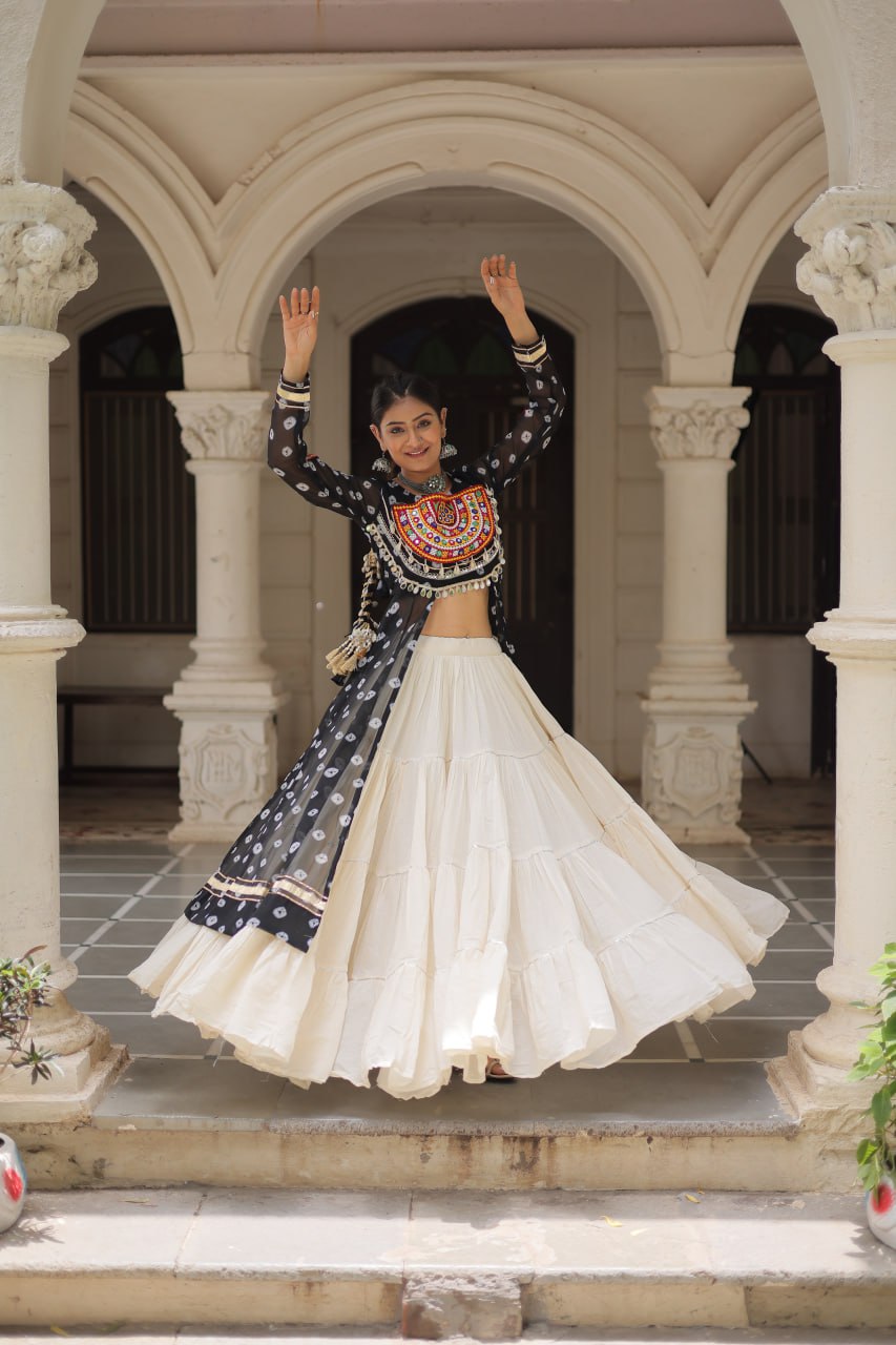 Black Navratri Special Bandhani Kurti with Kora Cotton Frill Lehenga Set – Full Stitched