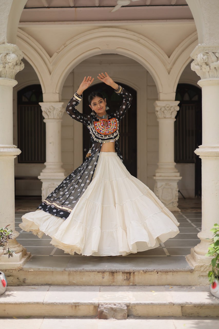 Black Navratri Special Bandhani Kurti with Kora Cotton Frill Lehenga Set – Full Stitched