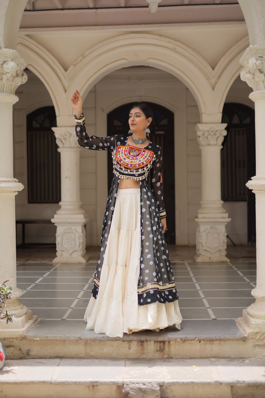 Black Navratri Special Bandhani Kurti with Kora Cotton Frill Lehenga Set – Full Stitched