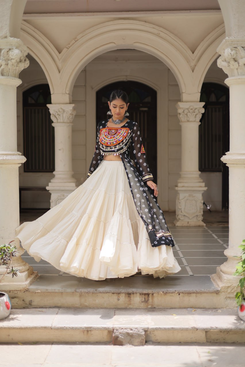 Black Navratri Special Bandhani Kurti with Kora Cotton Frill Lehenga Set – Full Stitched