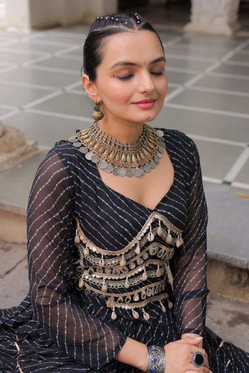 Black Navratri Special Leheriya Print Lehenga Choli with 12 Mtr Flair & Mirror Lace Work