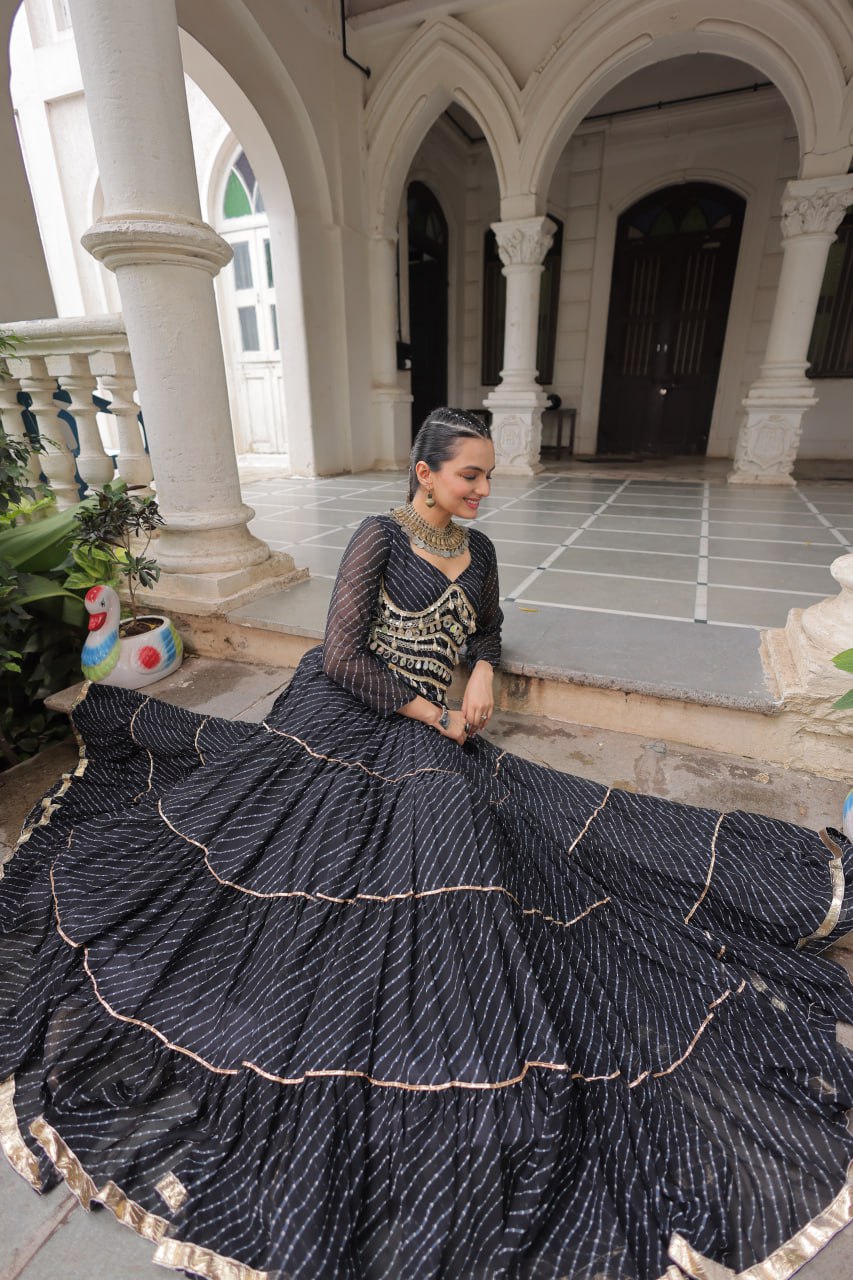 Black Navratri Special Leheriya Print Lehenga Choli with 12 Mtr Flair & Mirror Lace Work