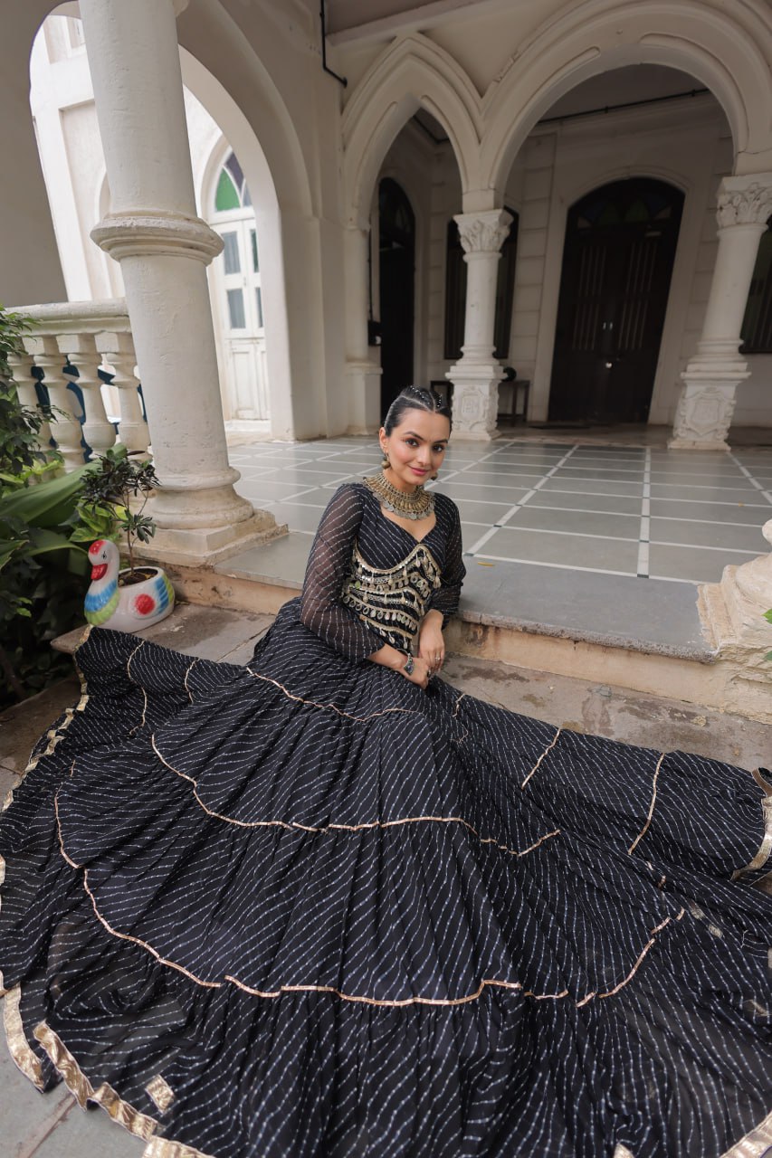 Black Navratri Special Leheriya Print Lehenga Choli with 12 Mtr Flair & Mirror Lace Work