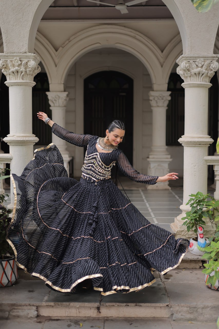 Black Navratri Special Leheriya Print Lehenga Choli with 12 Mtr Flair & Mirror Lace Work