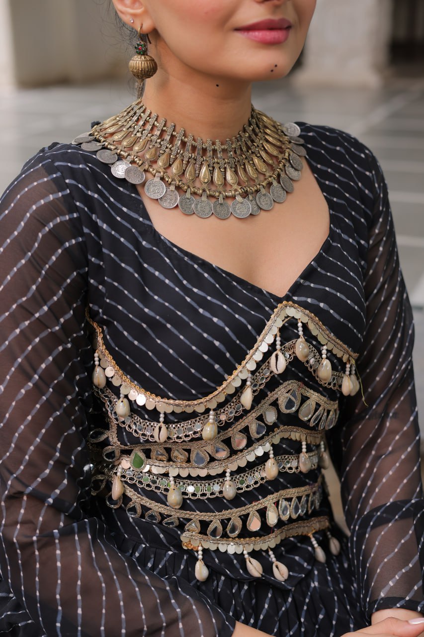 Black Navratri Special Leheriya Print Lehenga Choli with 12 Mtr Flair & Mirror Lace Work