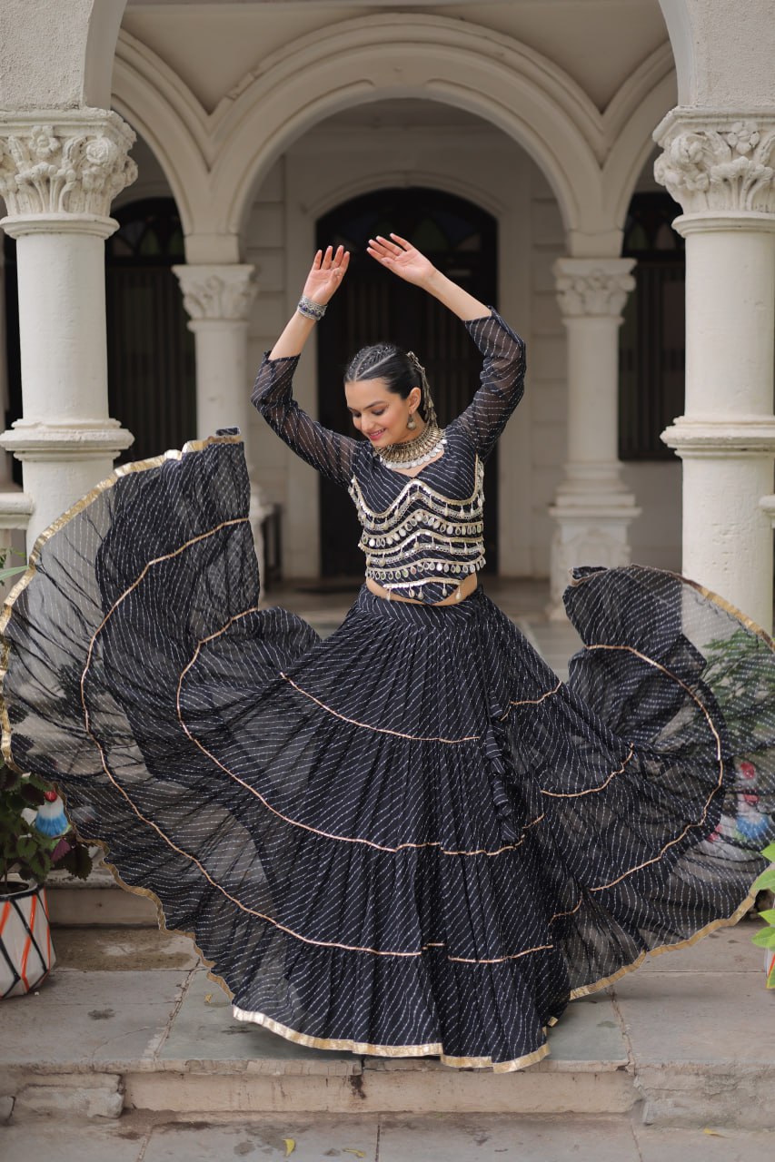 Black Navratri Special Leheriya Print Lehenga Choli with 12 Mtr Flair & Mirror Lace Work