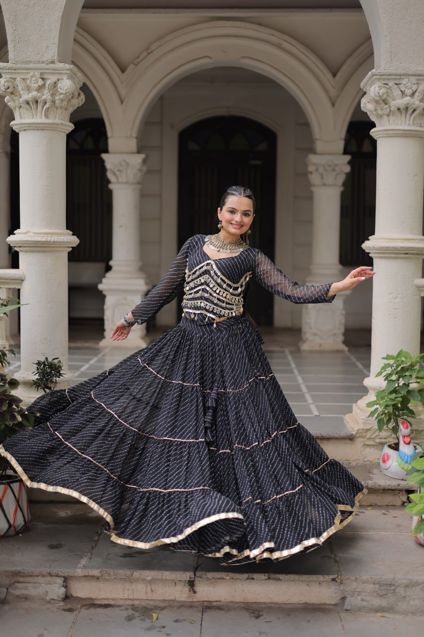 Black Navratri Special Leheriya Print Lehenga Choli with 12 Mtr Flair & Mirror Lace Work