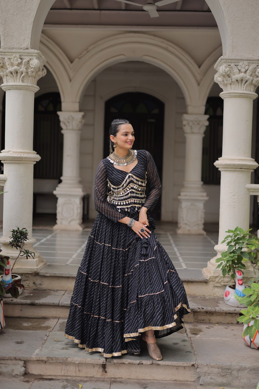 Black Navratri Special Leheriya Print Lehenga Choli with 12 Mtr Flair & Mirror Lace Work