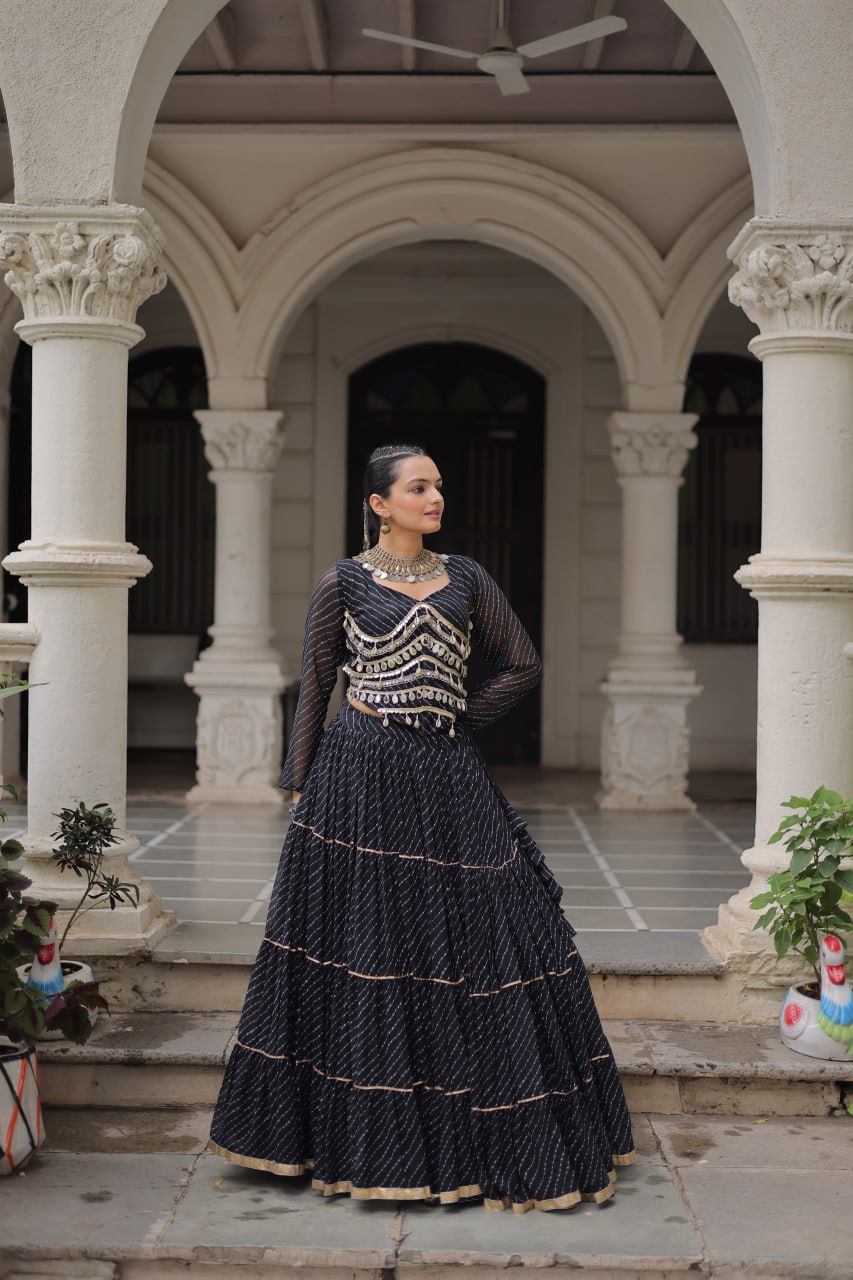 Black Navratri Special Leheriya Print Lehenga Choli with 12 Mtr Flair & Mirror Lace Work