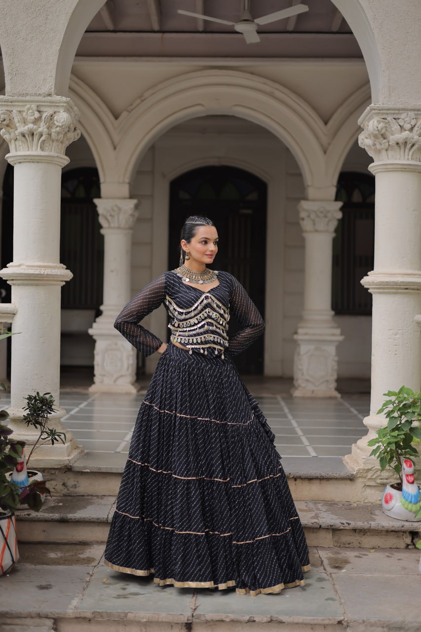 Black Navratri Special Leheriya Print Lehenga Choli with 12 Mtr Flair & Mirror Lace Work