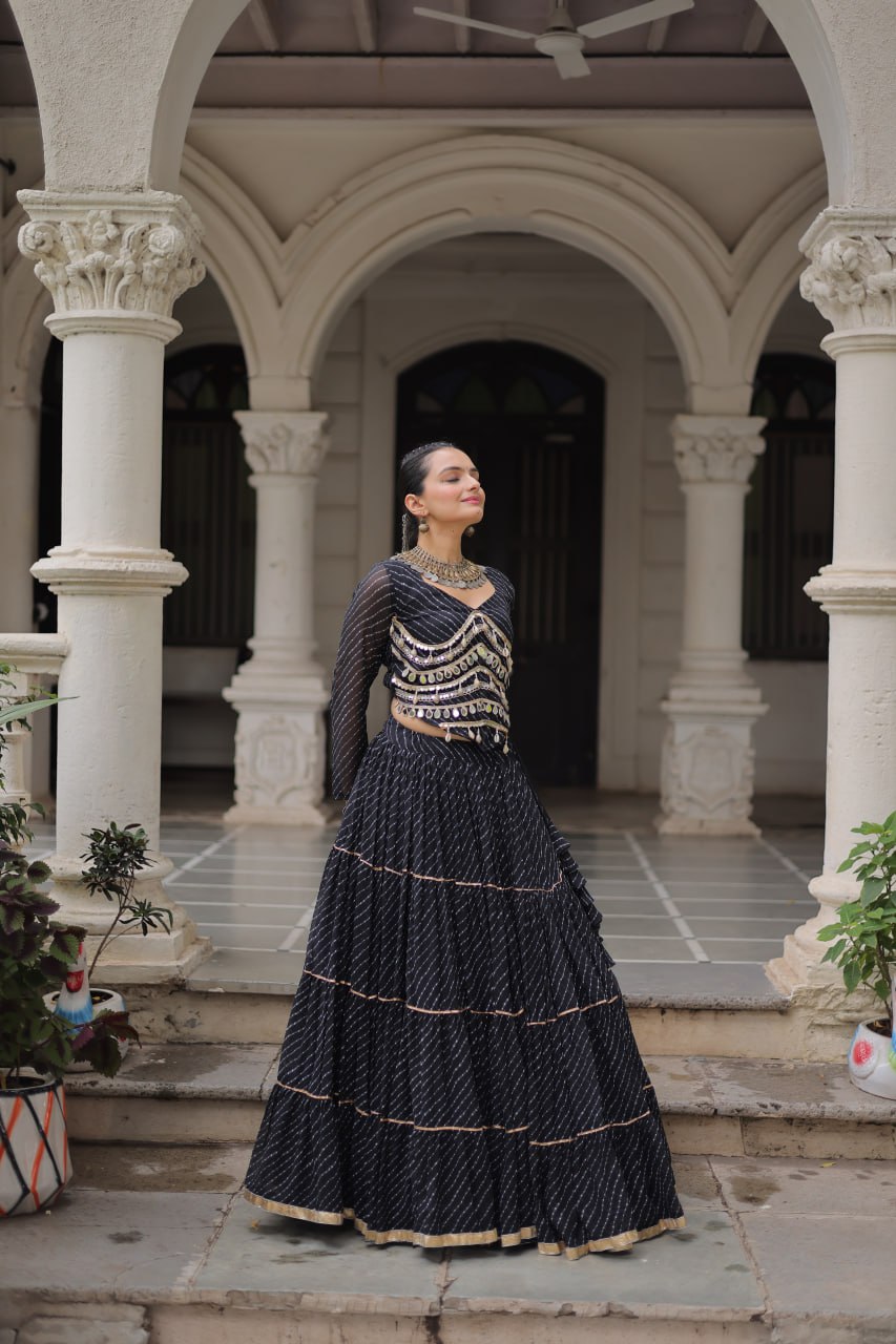 Black Navratri Special Leheriya Print Lehenga Choli with 12 Mtr Flair & Mirror Lace Work