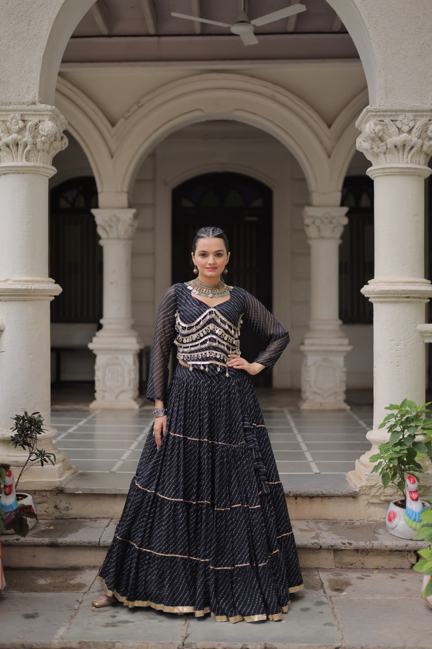 Black Navratri Special Leheriya Print Lehenga Choli with 12 Mtr Flair & Mirror Lace Work