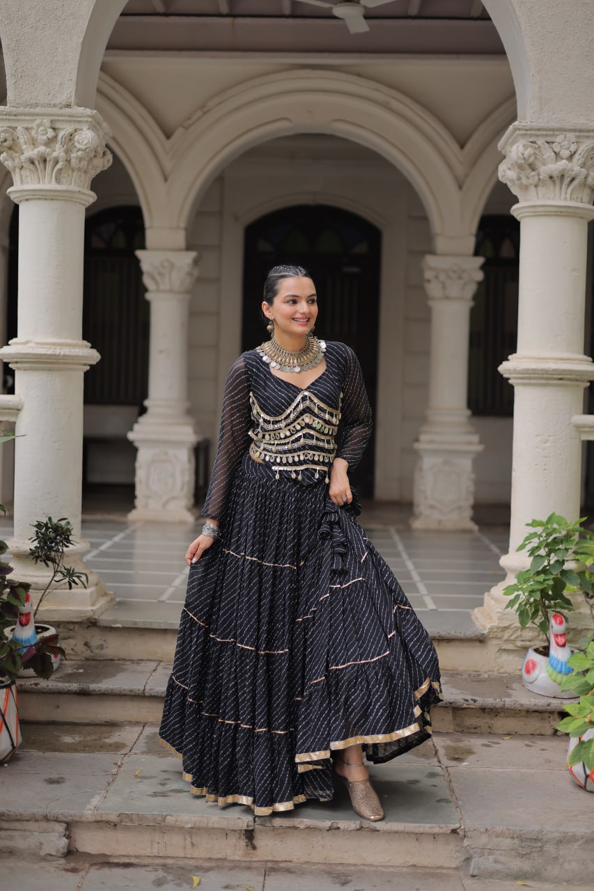 Black Navratri Special Leheriya Print Lehenga Choli with 12 Mtr Flair & Mirror Lace Work