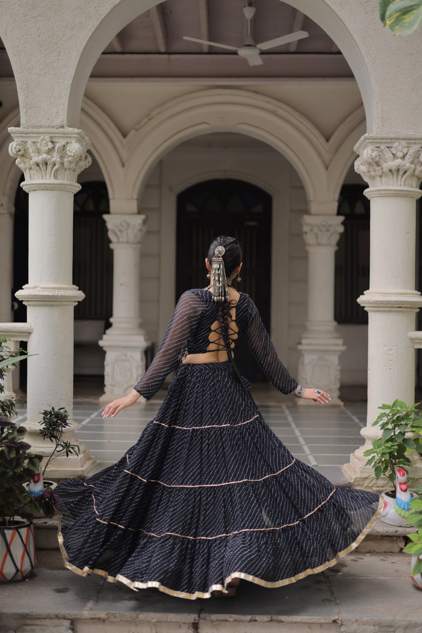 Black Navratri Special Leheriya Print Lehenga Choli with 12 Mtr Flair & Mirror Lace Work