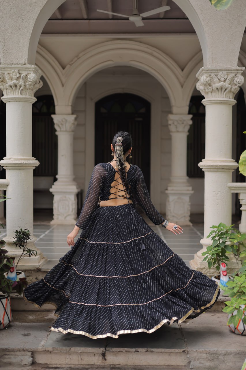 Black Navratri Special Leheriya Print Lehenga Choli with 12 Mtr Flair & Mirror Lace Work