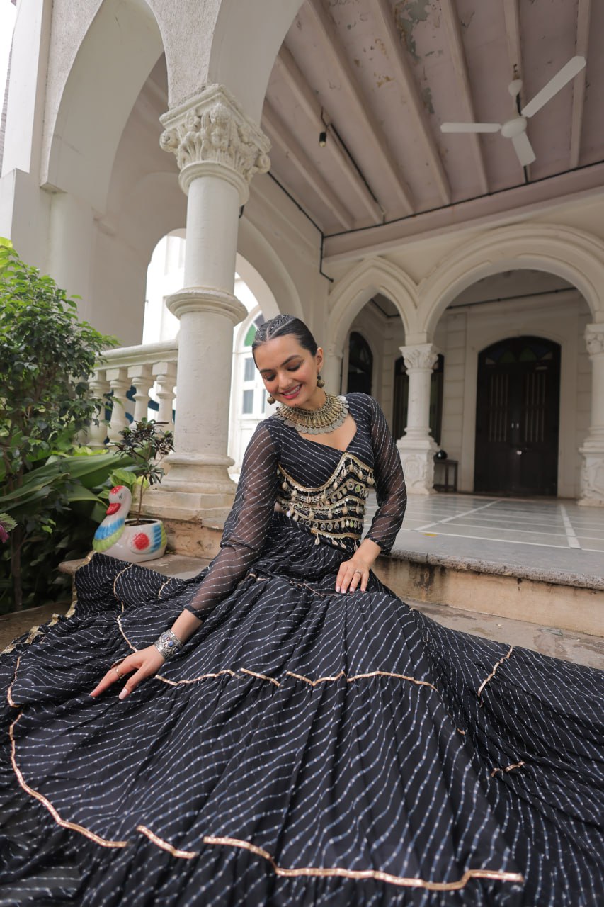 Black Navratri Special Leheriya Print Lehenga Choli with 12 Mtr Flair & Mirror Lace Work