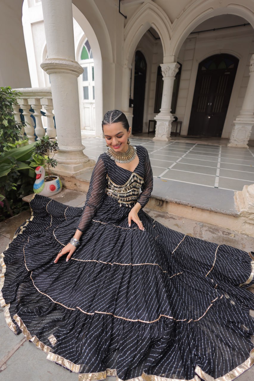 Black Navratri Special Leheriya Print Lehenga Choli with 12 Mtr Flair & Mirror Lace Work