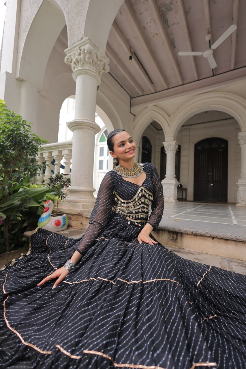Black Navratri Special Leheriya Print Lehenga Choli with 12 Mtr Flair & Mirror Lace Work