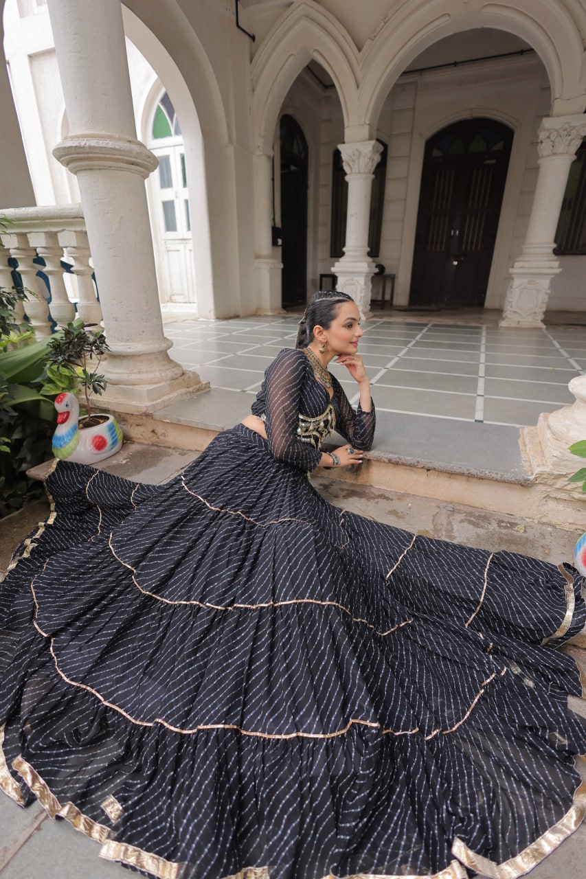 Black Navratri Special Leheriya Print Lehenga Choli with 12 Mtr Flair & Mirror Lace Work