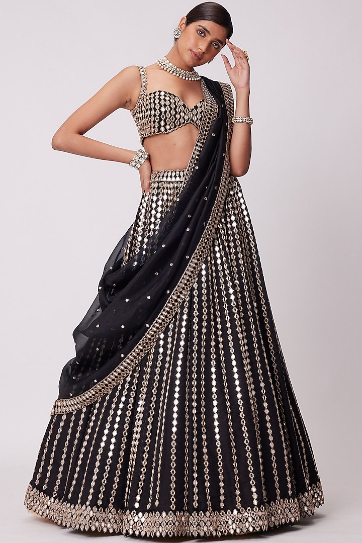Black Organza Silk Lehenga Set with Paper Mirror & Zari Embroidery – Semi-Stitched with Dupatta