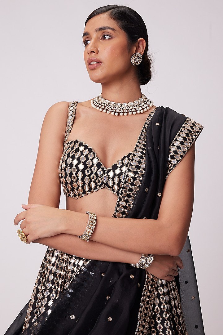 Black Organza Silk Lehenga Set with Paper Mirror & Zari Embroidery – Semi-Stitched with Dupatta