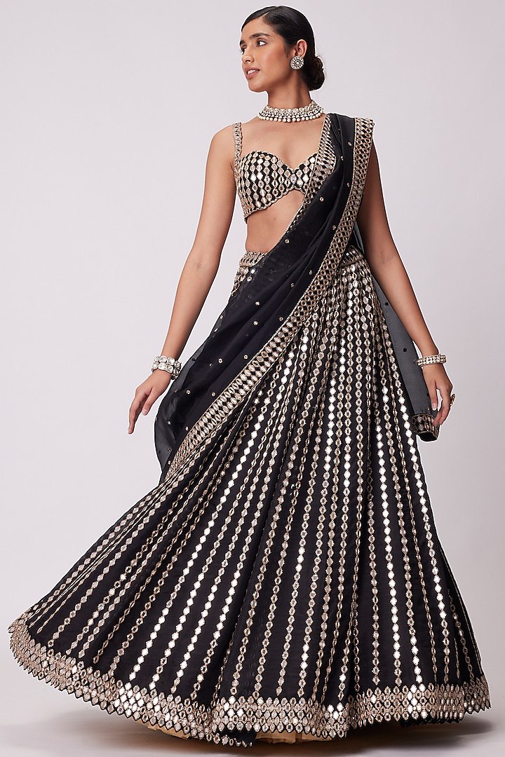 Black Organza Silk Lehenga Set with Paper Mirror & Zari Embroidery – Semi-Stitched with Dupatta